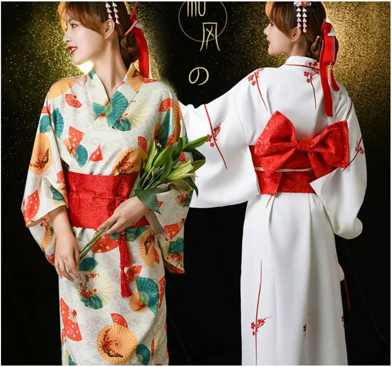热卖古装服装日本和服浴衣女士浴袍仿真丝印花多色cosplay大
