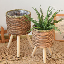 Nordic Rattan Balcony Plant Decoration Flower Stand Solid Wood Living Room Floor-Standing Straw Woven Flower Bamboo Storage Rack