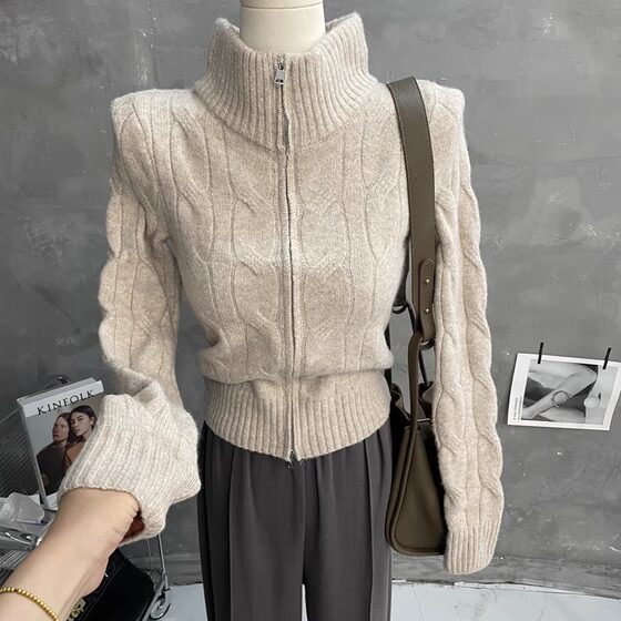 
American retro ~ casual double zipper twist sweater cardigan jacket women's autumn and winter versatile short knitted top