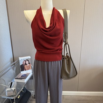 Women's knitted sleeveless top with twisted rope swing collar halter neck backless knitted sleeveless top