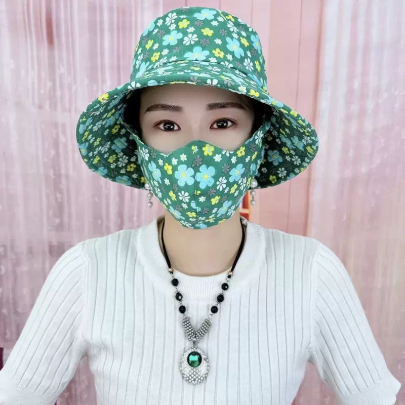 防晒口罩一体帽子夏季女遮阳帽遮脸抗UV遮阳帽新款户外防风-Taobao