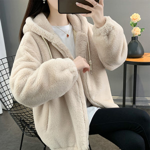 
2025 winter imitation lazy rabbit fur women's mid-length loose thickened lamb fur coat hooded plush jacket