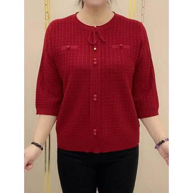 Early autumn thin casual solid color versatile round neck mid-sleeved tie-up vertical buckle T-shirt women's top short base shirt