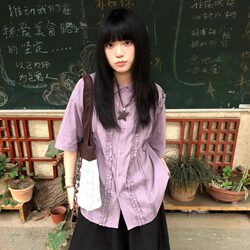 Super Nice-Looking Short-Sleeved Shirt for Women, Summer Design, Niche Style, Loose and Slimming Purple Half-Sleeved Shirt