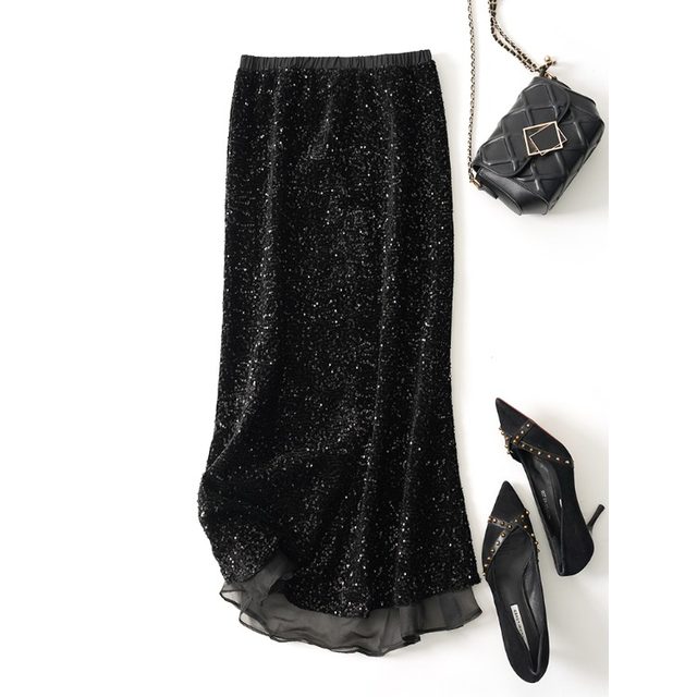 Sequenant net gauze stitching fishtail skirt velvet body skirt female autumn and winter high waist bag hip skirt loose waist and thin waist one step skirt
