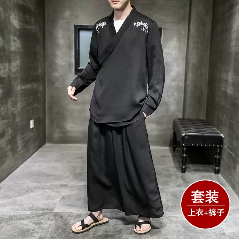 中國風男裝超薄冰絲套裝夏季透氣防曬衣服古風刺繡漢服道袍兩件套-Taobao