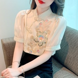 Cheongsam Retro Chiffon Shirt With Embroidery And Beading
