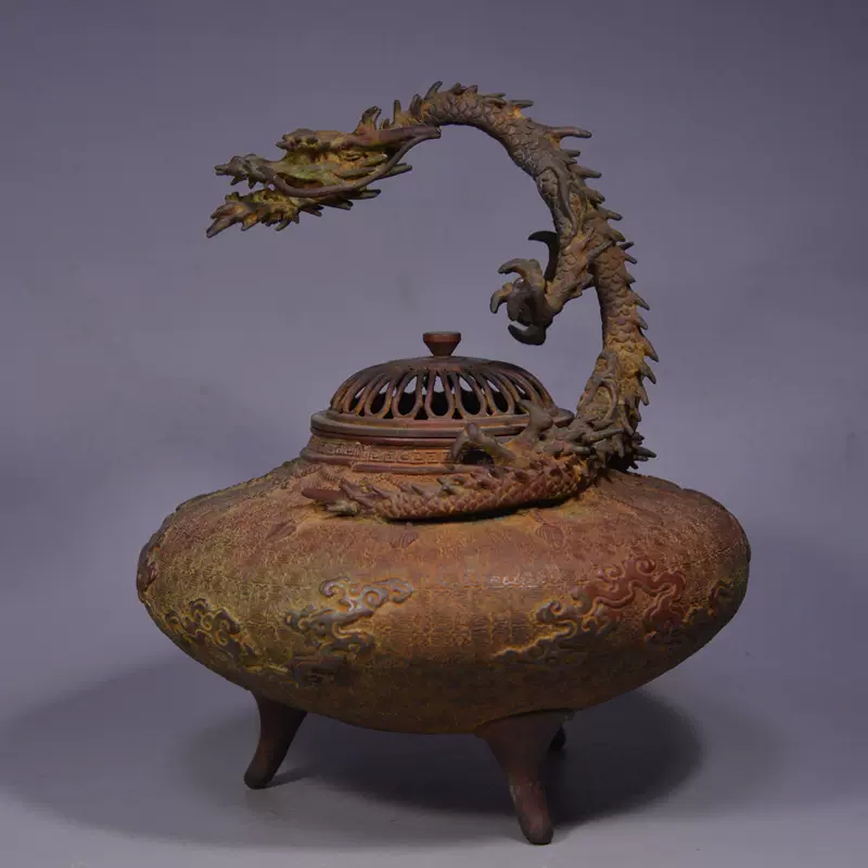 米田秀保 造 鋳銅製 蝋型 麒麟摘 雲龍地文細密彫 三足香炉 茶道具 香道具 米田秀保 造 鋳銅製 蝋型 麒麟摘 雲龍地文細密彫 三足