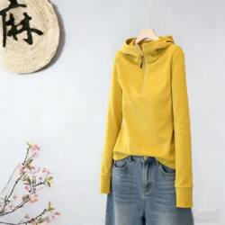 Sweet and Cool Fashion Hooded Half-Zip Long-Sleeved T-Shirt for Women, New Spring and Autumn Style, Pure Cotton, Loose Fit, Age-Reducing, Slimming, Outerwear Top