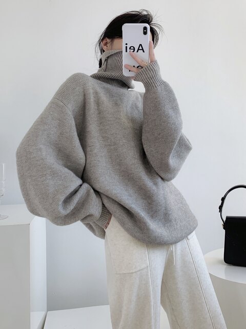 FlowGaga lazy style simple turtleneck hip-covering sweater for women in autumn and winter loose pullover thick knitted top