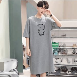 
100% pure cotton short-sleeved pajamas summer mid-length home clothes men's one-piece high-end casual cartoon nightgown