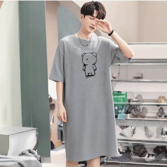
100% pure cotton short-sleeved pajamas summer mid-length home clothes men's one-piece high-end casual cartoon nightgown