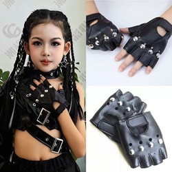 Children's Model Runway Show Half-Finger Fingerless Stage Performance Leather Gloves Kids Street Dance Hip-Hop Punk Gloves Trendy