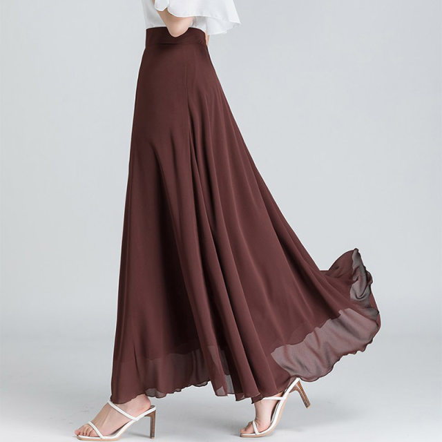 2023 summer solid color chiffon skirt versatile brown gauze skirt makes you look slim and elegant big sway A-line skirt large size long skirt