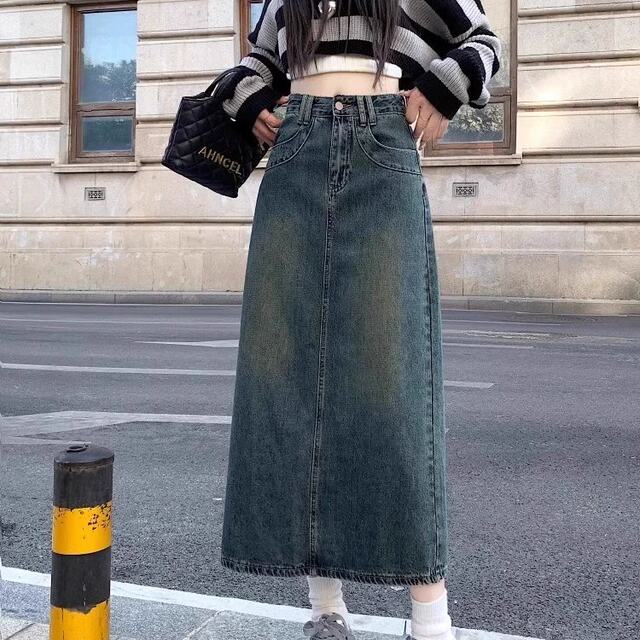 
FYQ-Retro old denim skirt for women in spring high waist slim mid-length A-line slit hip-pack skirt