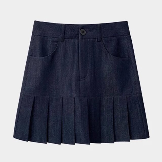 FYQ-Denim pleated short skirt 2025 spring new pocket high waist versatile slim A-line skirt skirt
