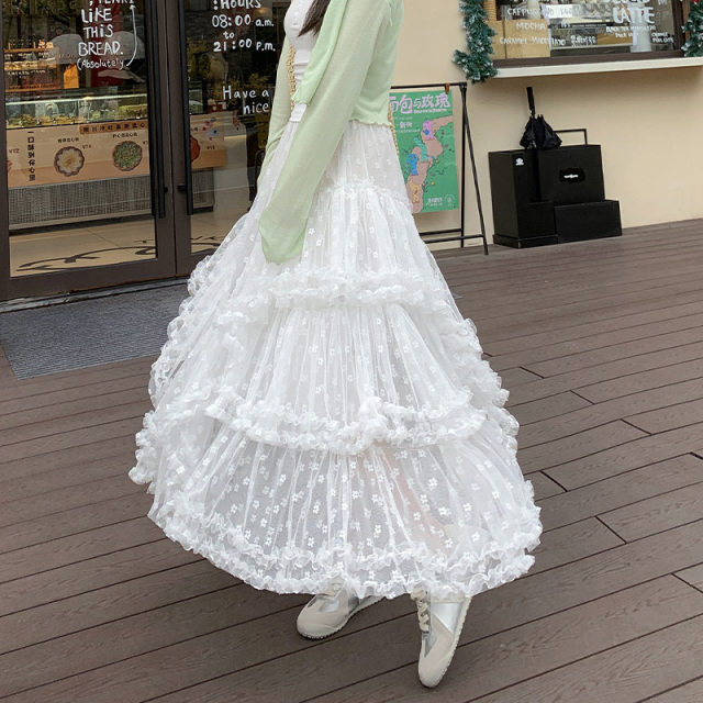 New spring and summer tulle skirt white mesh skirt for women mid-length A-line high-waisted slim big puffy cake skirt
