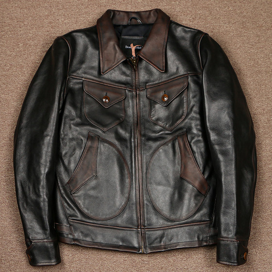 
1.8mm Mapi Mendoza Two-color Washed Retro Aged Men's Leather Jacket Lapel Farmer Jacket Locomotive