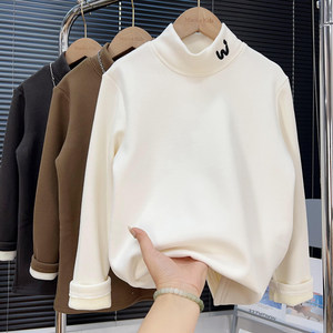 
Boys plus velvet base shirt 2025 winter medium-sized children's semi-high neck warm top children's integrated velvet long-sleeved T-shirt