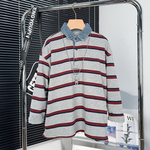 
Big E Little E children's clothing boys' denim splicing long-sleeved T-shirt spring medium and large children's striped sweatshirt children's top 25030