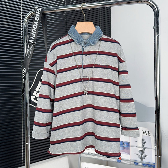 
Big E Little E children's clothing boys' denim splicing long-sleeved T-shirt spring medium and large children's striped sweatshirt children's top 25030