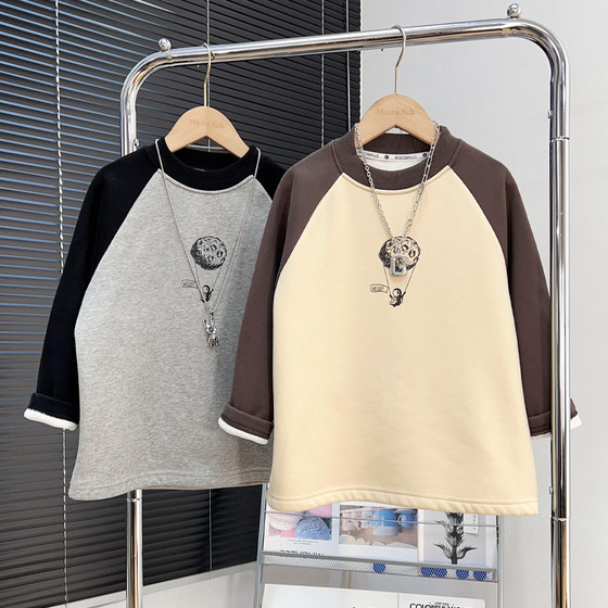 
Big E small e children's clothing boy plus velvet long-sleeved T-shirt winter clothing medium and large children's versatile rag-sleeved tops children's thick sweatshirt