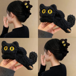 Cute Black Cat Plush Claw Clip for Women, New Autumn and Winter Large Hair Clip, Elegant Shark Clip Hair Accessory