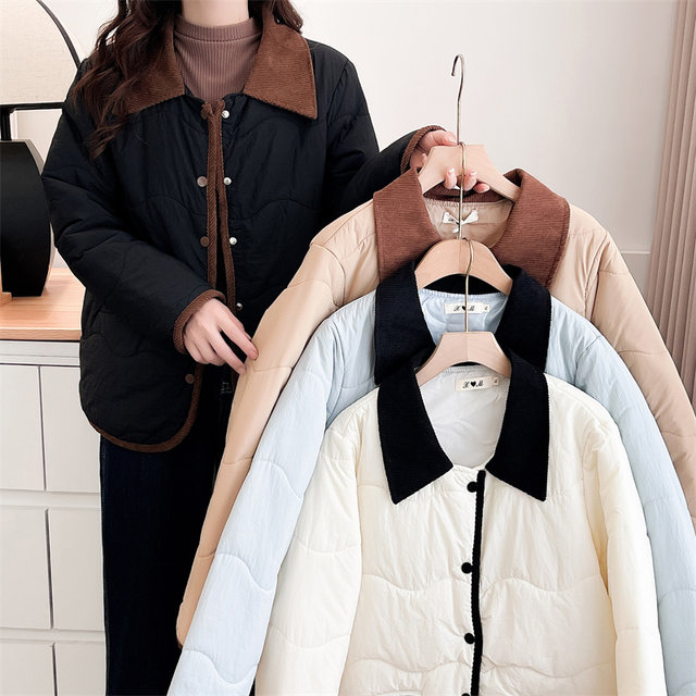 Large size 2024 autumn and winter new cotton jacket for women short small corduroy lapel light and warm cotton jacket
