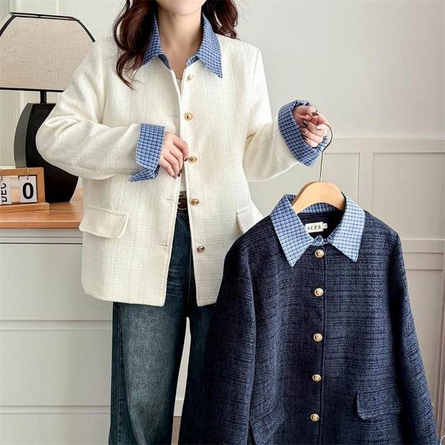 Large size women's plaid shirt collar spliced ​​small fragrance jacket spring and autumn new casual versatile jacket top
