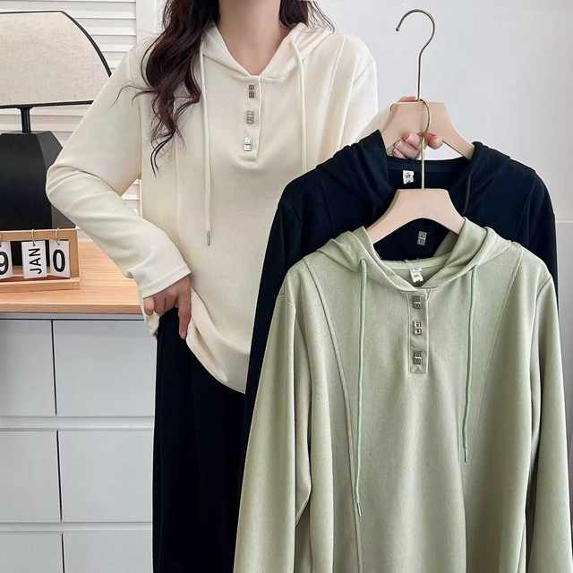 Large size women's drawstring hooded sweatshirt for women in autumn sports and casual loose slim solid color versatile long-sleeved top