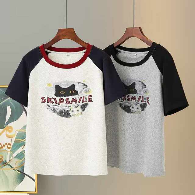 Gray retro raglan short-sleeved T-shirt for women in summer Hong Kong style large-size contrasting color round neck cat printed slim top