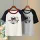 Gray retro raglan short-sleeved T-shirt for women in summer Hong Kong style large-size contrasting color round neck cat printed slim top