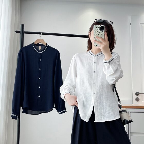 
Plus size women's autumn clothing new Korean style loose slim shirt fat mm design embroidered long sleeve plus size shirt