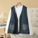 Large size women's V-neck retro pocket embroidered denim vest fashionable loose slim sleeveless horse clip jacket