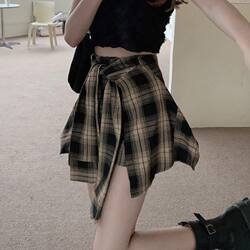 Fake Two-Piece Irregular Design Skirt for Women 2026 New Summer Hot Girl Black Plaid A-Line Short Skirt Pants