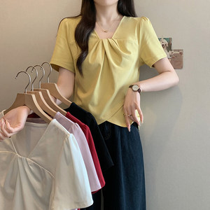 
2026 summer new style fat mm plus size women's fashionable design v-neck irregular shoulder T-shirt pure cotton short-sleeved top