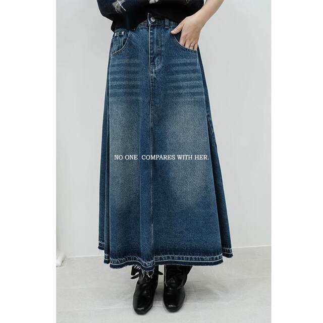 With her, she is not original, simple and versatile, autumn and winter new style retro washing water burrs, long denim skirt, umbrella skirt