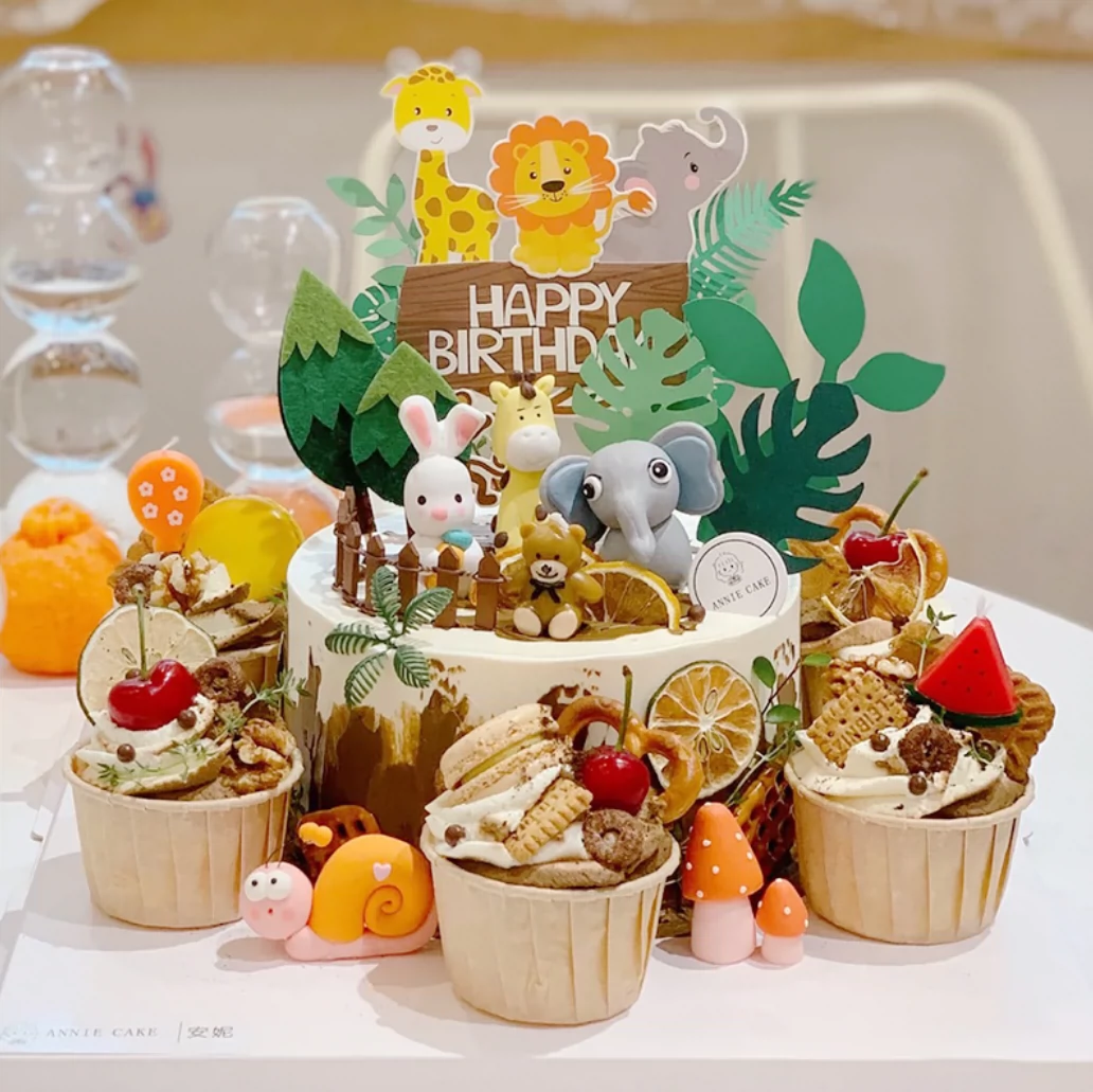 森林动物生日蛋糕装饰摆件可爱卡通大象小猪兔子长颈鹿派对甜品台-Taobao