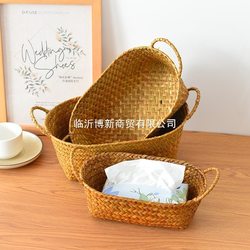 Rustic Desktop Snack Organizer, Straw Woven Storage Basket, Handmade Fruit Basket, Double-Handle Rattan Basket, Miscellaneous Items Wicker Basket