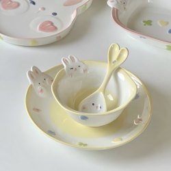 Cute Cartoon Rabbit Bowls and Plates, Household Underglaze Color High-Value Ceramic 8inch Piece Dining Bowl and Plate Set