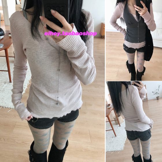 
eihey eh hey new fall style layered bottoming long-sleeved sweater with V-neck halterneck suspender two-piece top