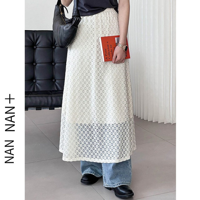 Sweet lace long skirt for women in spring and autumn design double-layer hollow lace elastic high-waist skirt stacked
