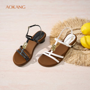 Aokang Women's Shoes 2026 Summer New Temperament Fashion Sandals Metal Buckle Thick Heel Sandals Store Delivery