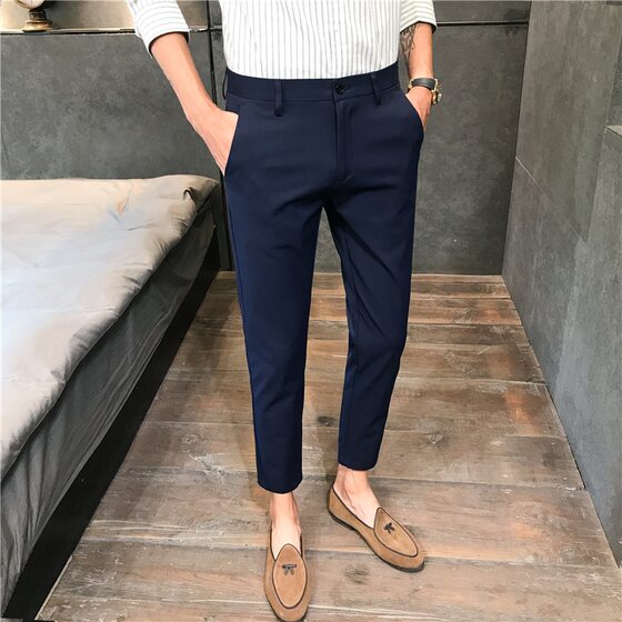 
Drapey trousers men's nine-point trousers business casual trousers Korean style slim fit no-iron small feet navy blue suit trousers spring and autumn