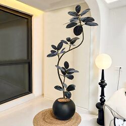 Artificial Green Plant Black Rubber Tree Indoor Fake Plant Next to Sofa Bionic Potted Plant Large Living Room Decorative Ornament