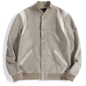 
(Bird) Autumn and winter men's sheep leather baseball collar leather jacket khaki retro splicing casual leather jacket trendy C4F04