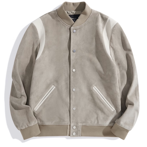 
(Bird) Autumn and winter men's sheep leather baseball collar leather jacket khaki retro splicing casual leather jacket trendy C4F04