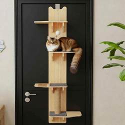 Space-Saving Door-Mounted Cat Climbing Frame, Large-Sized Cats' Special Solid Wood Wall-Mounted Multi-Layer Cat Nest and Scratching Post Integrated