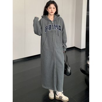 American retro lettered velvet zipper hooded cardigan coat for women large size loose slimming over-the-knee sweatshirt dress