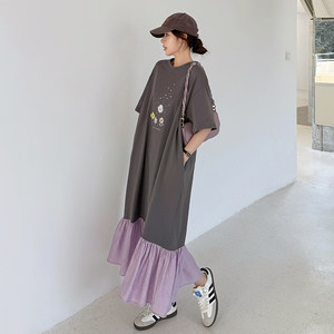 
Large size women's personalized printed long skirt 2026 summer new loose splicing ruffled short-sleeved T-shirt dress